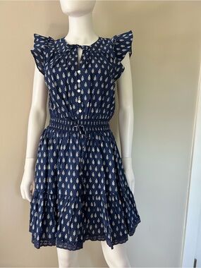 Mon CoCo Navy Blue Printed Flutter-Sleeve Girls Dress